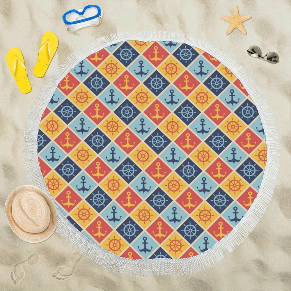 Nautical Pattern Design Themed Printed Round Beach Towel
