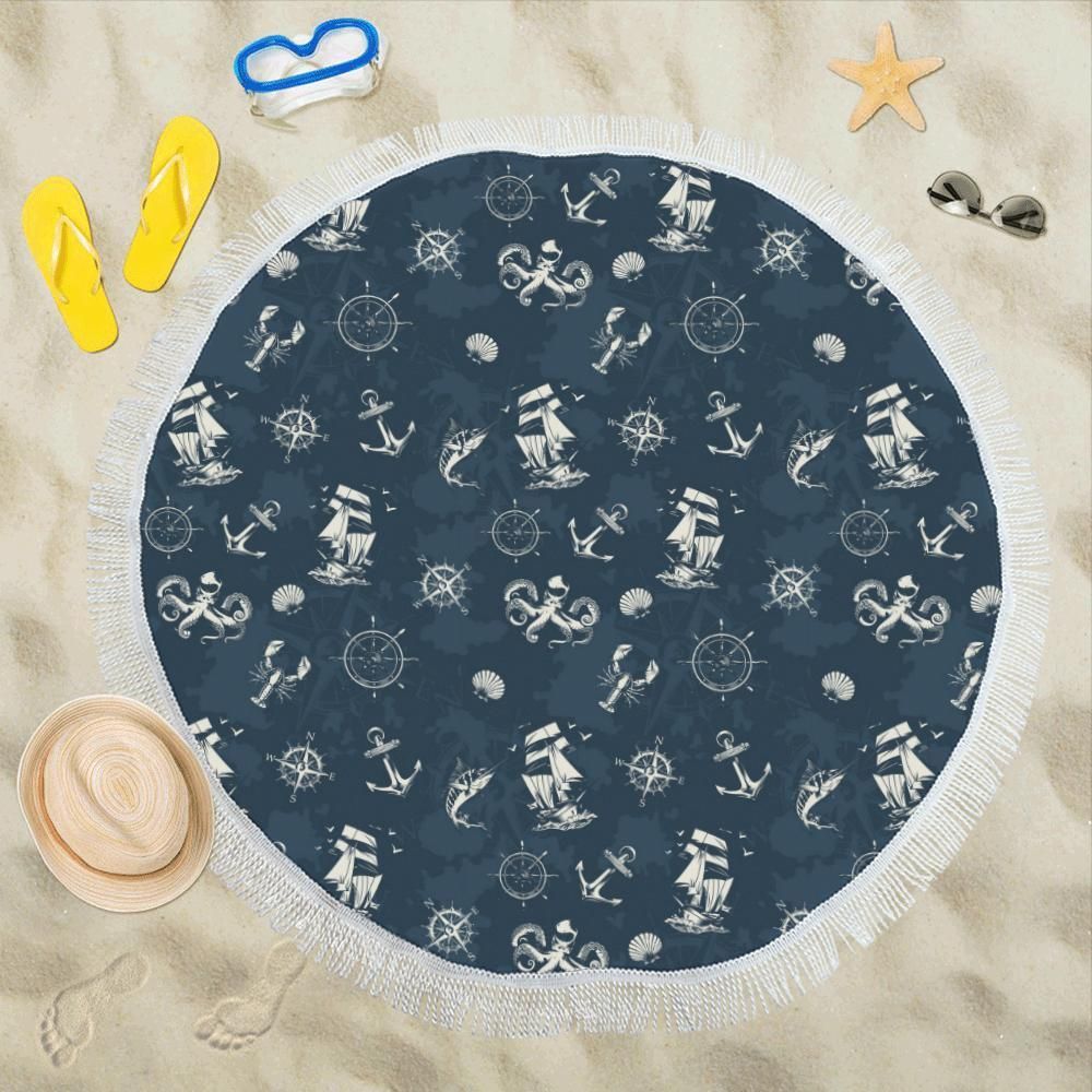 Nautical Sea Themed Print Round Beach Towel