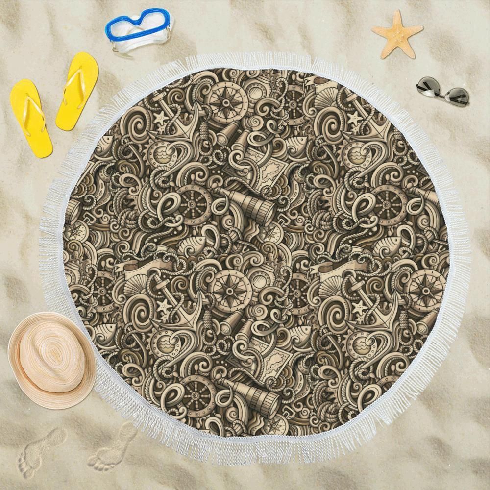 Nautical Tattoo Design Themed Printed Round Beach Towel