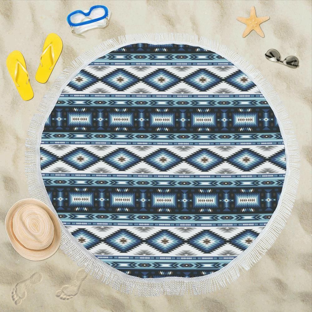 Navajo Dark Blue Pattern Printed Round Beach Towel