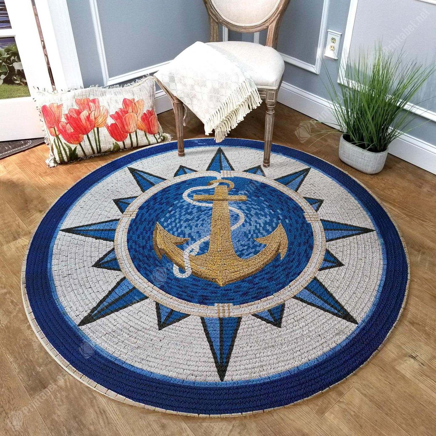Navy Anchor Round Carpet