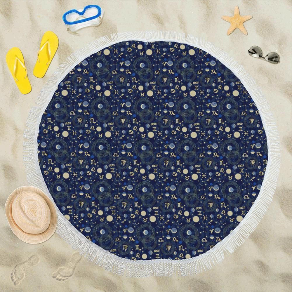 Navy Blue Zodiac Themed Design Print Round Beach Towel