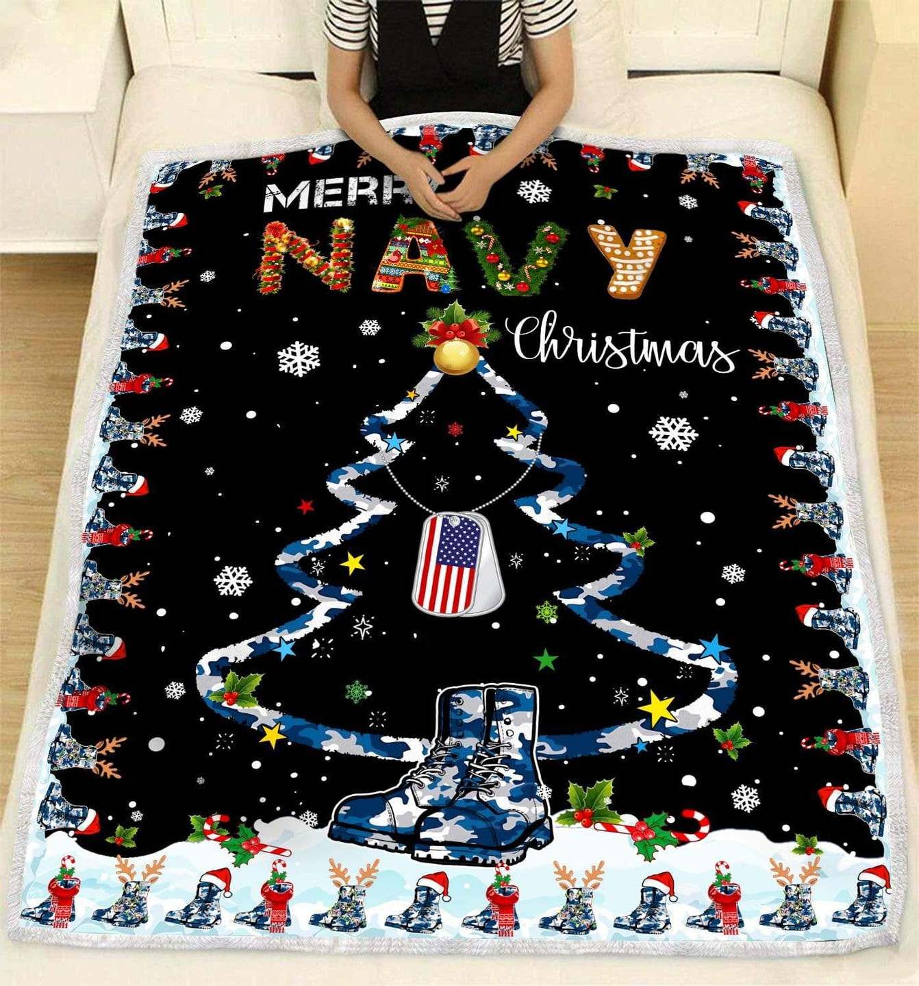 Navy Christmas Sherpa Fleece Blanket