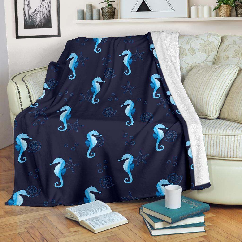 Navy Seahorse Sherpa Fleece Blanket
