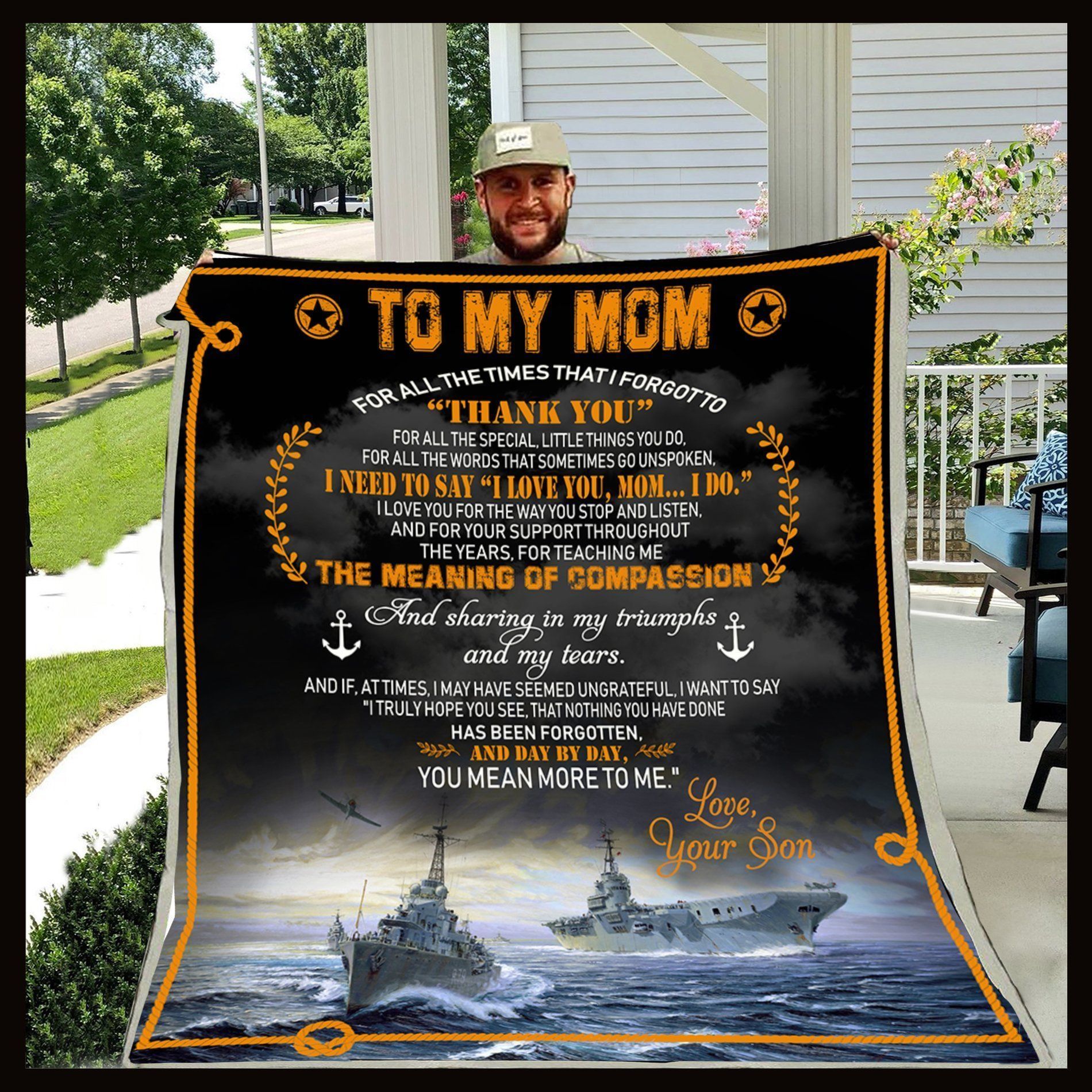 Navy Son To Mom Thank You Sherpa Fleece Blanket