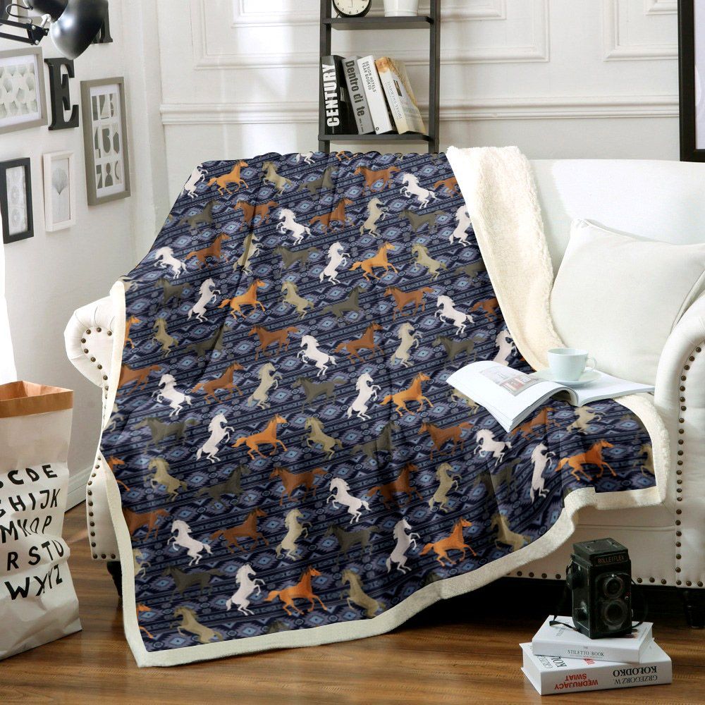 Navy Wild And Free Western Horses Sherpa Fleece Blanket