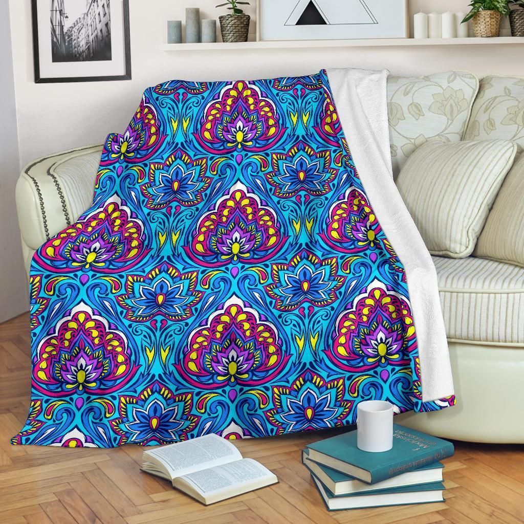 Neon Blue Lotus Boho Pattern Print Design Fleece Blanket