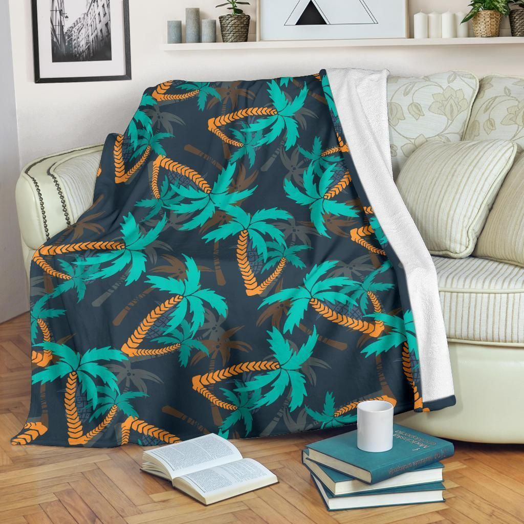 Neon Blue Palm Tree Pattern Print Design Fleece Blanket