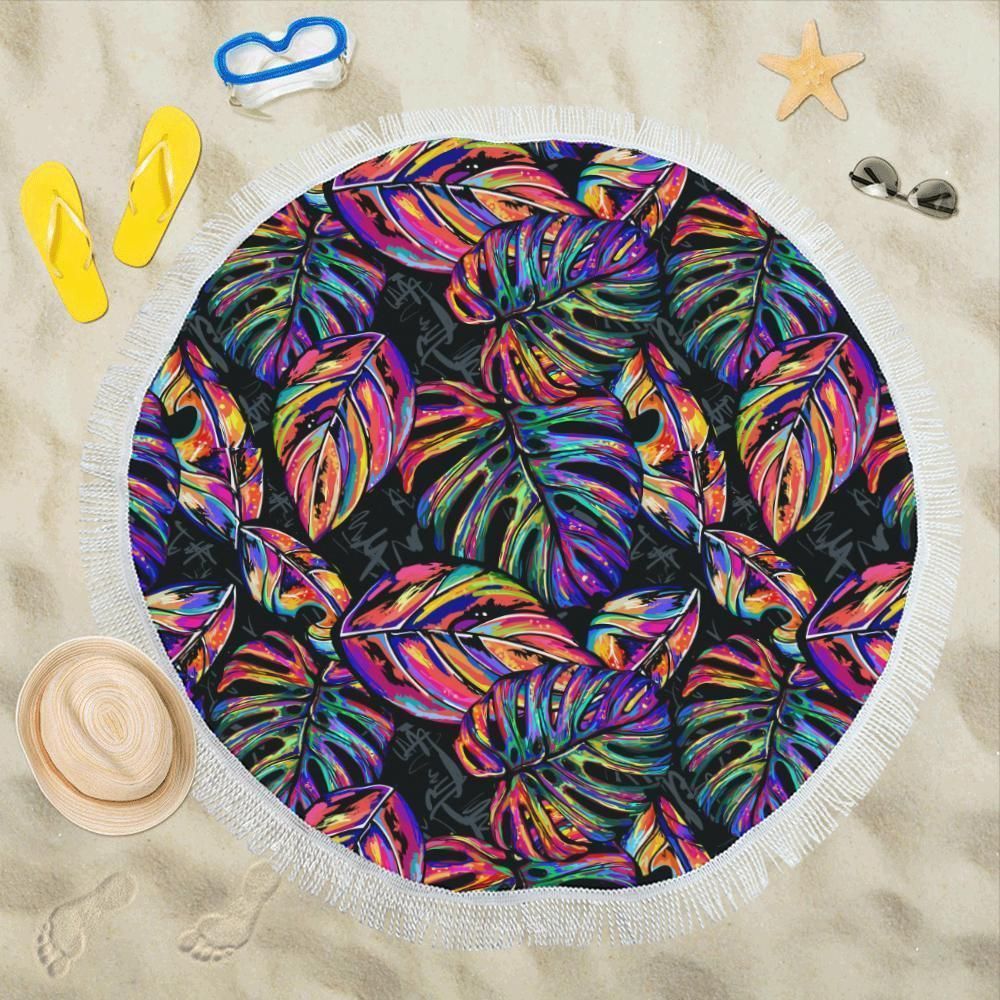 Neon Color Tropical Palm Leaves Printed Round Beach Towel