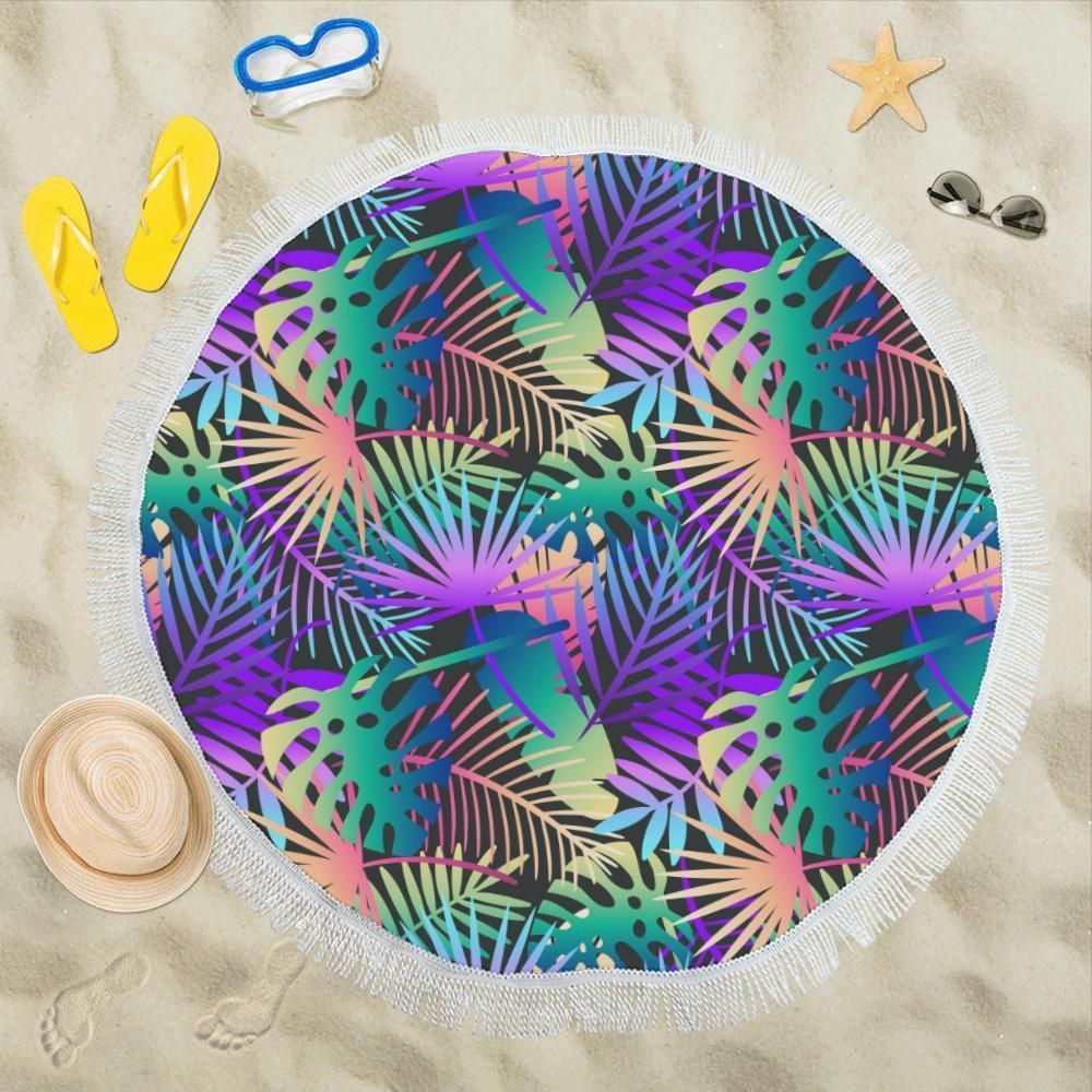 Neon Flower Tropical Palm Leaves Printed Round Beach Towel