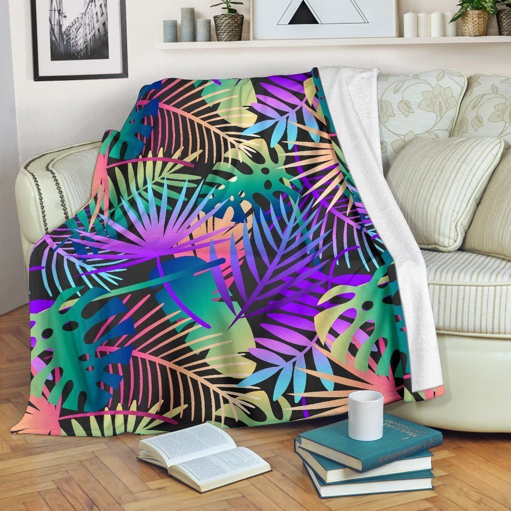 Neon Flower Tropical Palm Leaves Soft Fleece Blanket