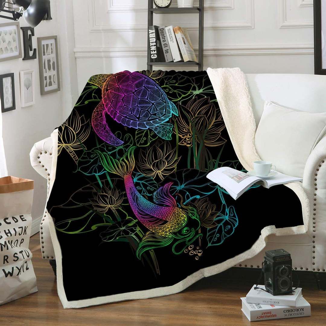 Neon Koi Carps Lotus And Sea Turtle Sherpa Fleece Blanket