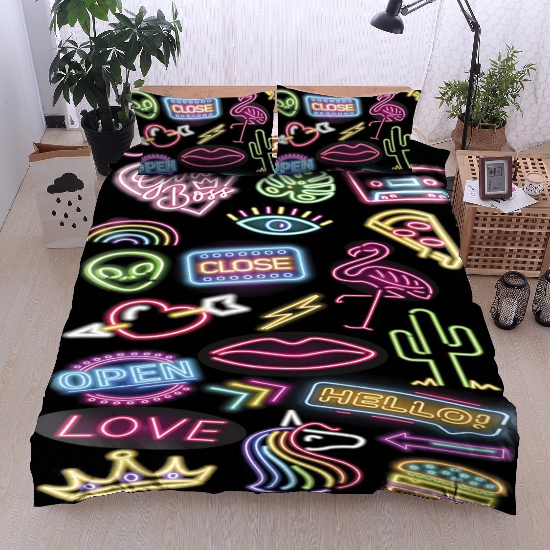 Neon Lights Cactus Lips Flamingo Heart Rainbow Bedding Set