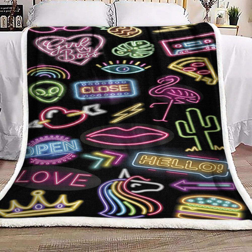 Neon Lights Cactus Lips Flamingo Heart Rainbow Sherpa Fleece Blanket
