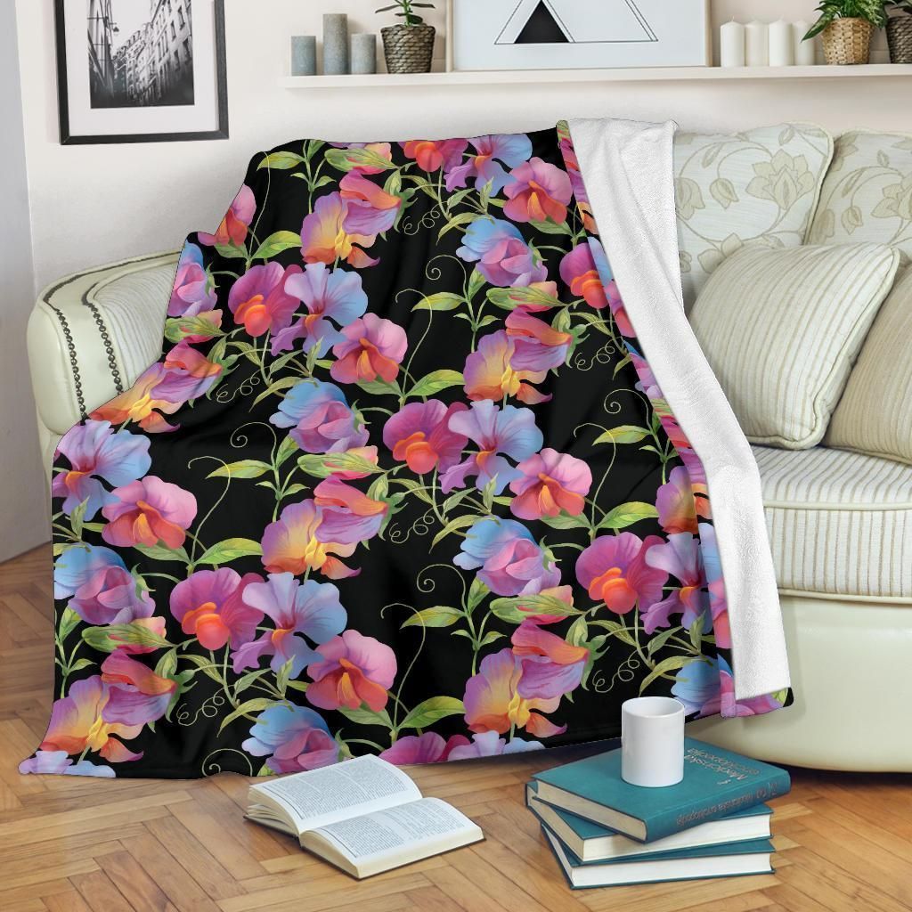 Neon Peony Pattern Print Design Black Fleece Blanket