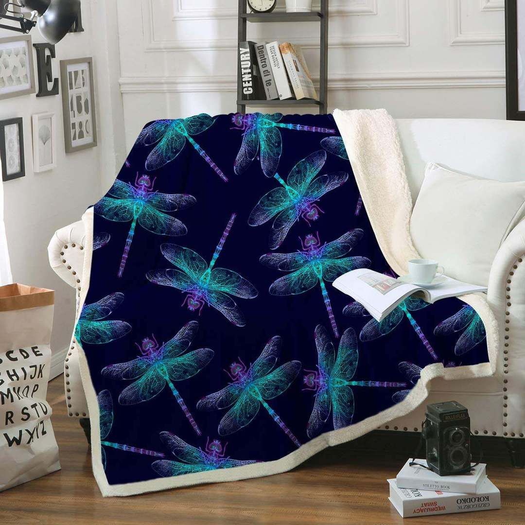 Neon Purple And Turquoise Dragonflies Sherpa Fleece Blanket