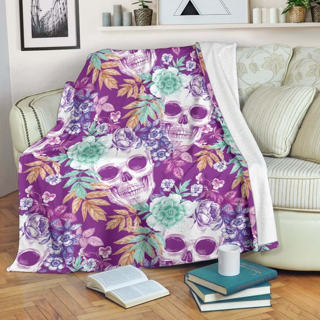 Neon Skull Floral Sherpa Fleece Blanket