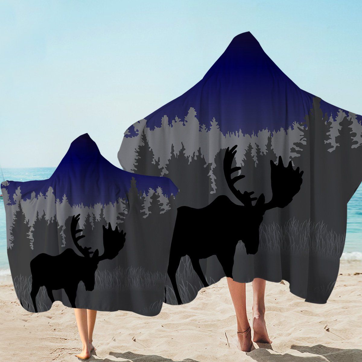 Night Elk Blue And Gray Printed Hooded Towel