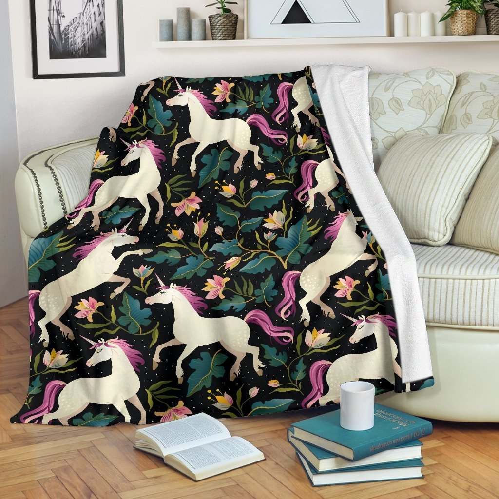 Night Floral Unicorn Sherpa Fleece Blanket