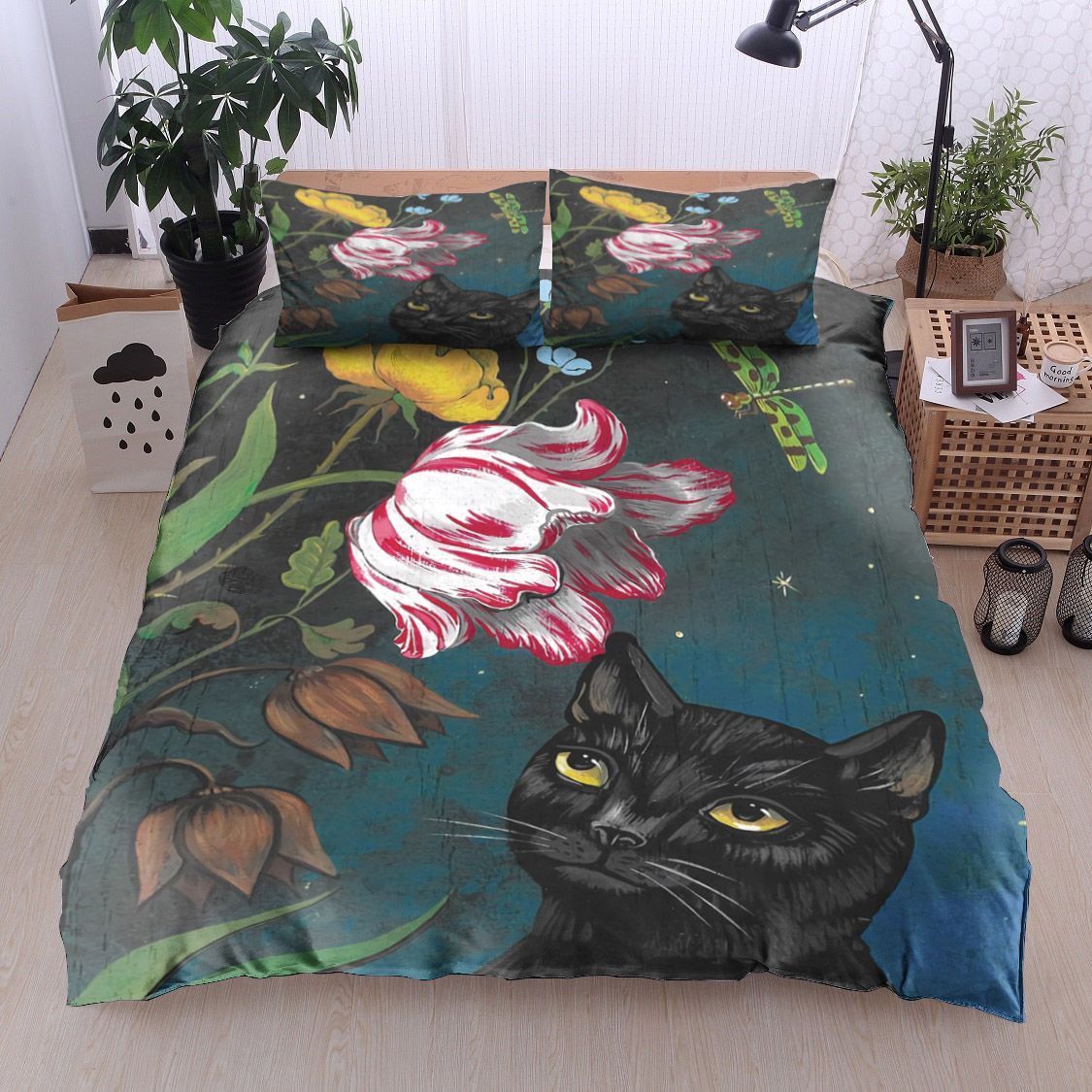 Night Garden Cat Dragonfly Flower Bedding Set
