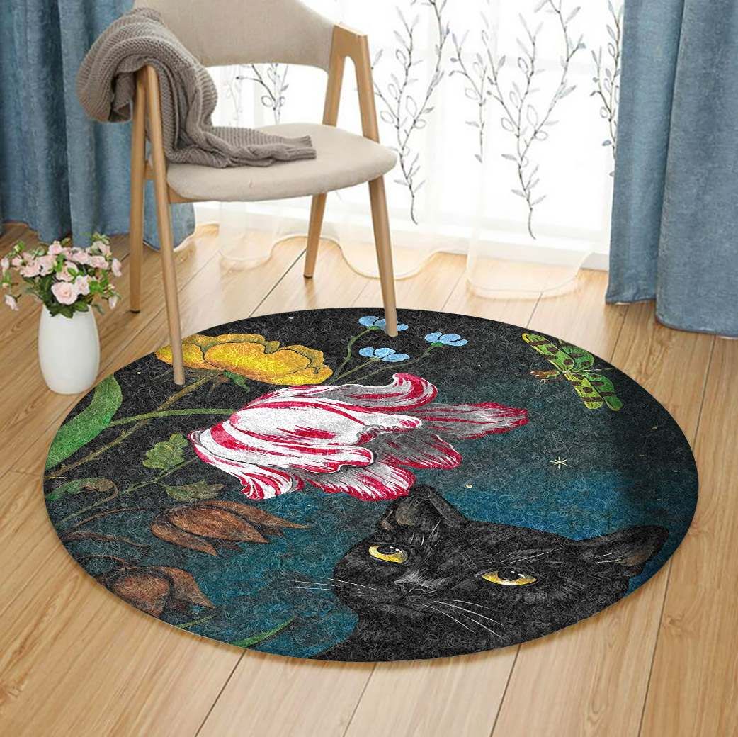 Night Garden Cat Dragonfly Flower Round Carpet
