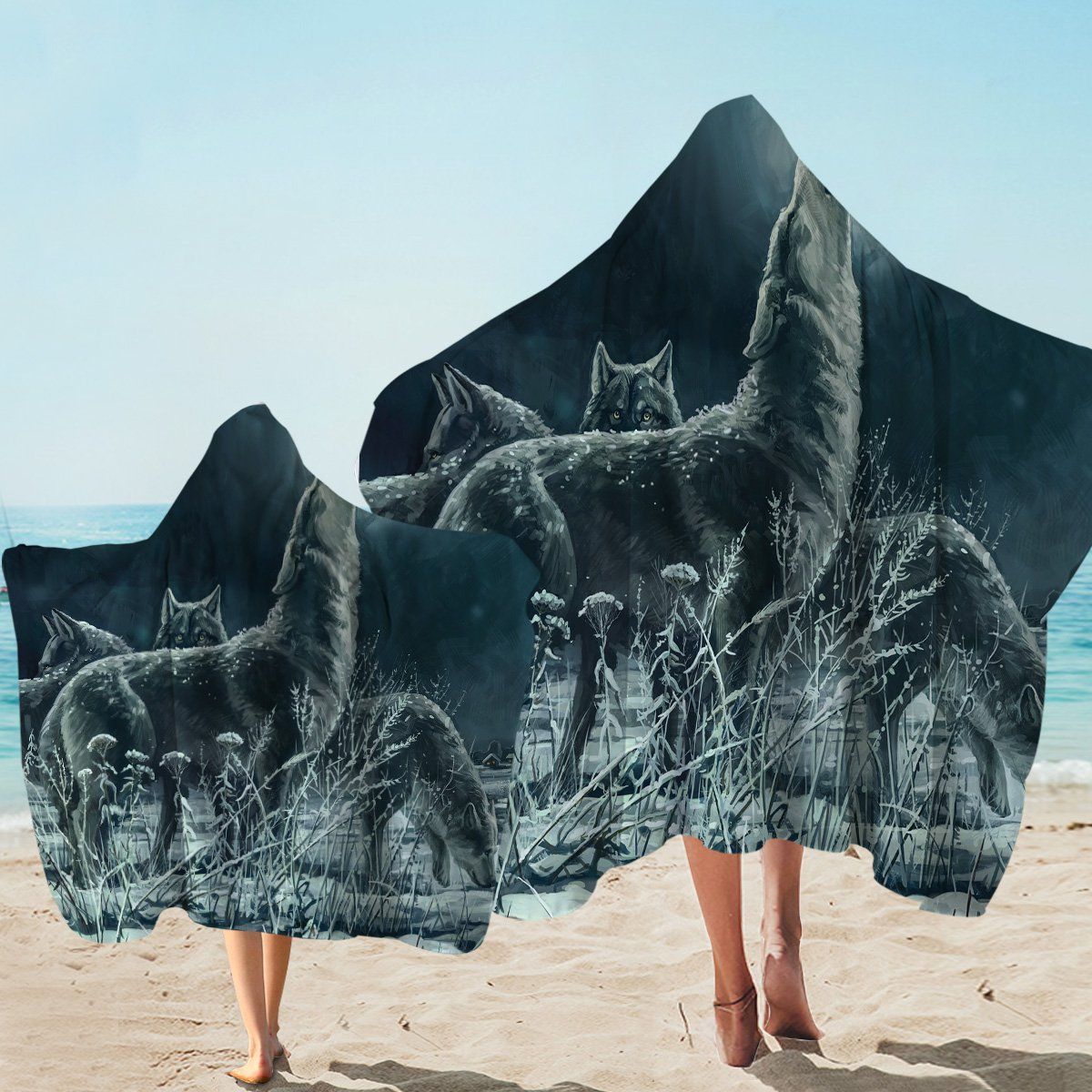 Night Howl Wolf Printed Hooded Towel