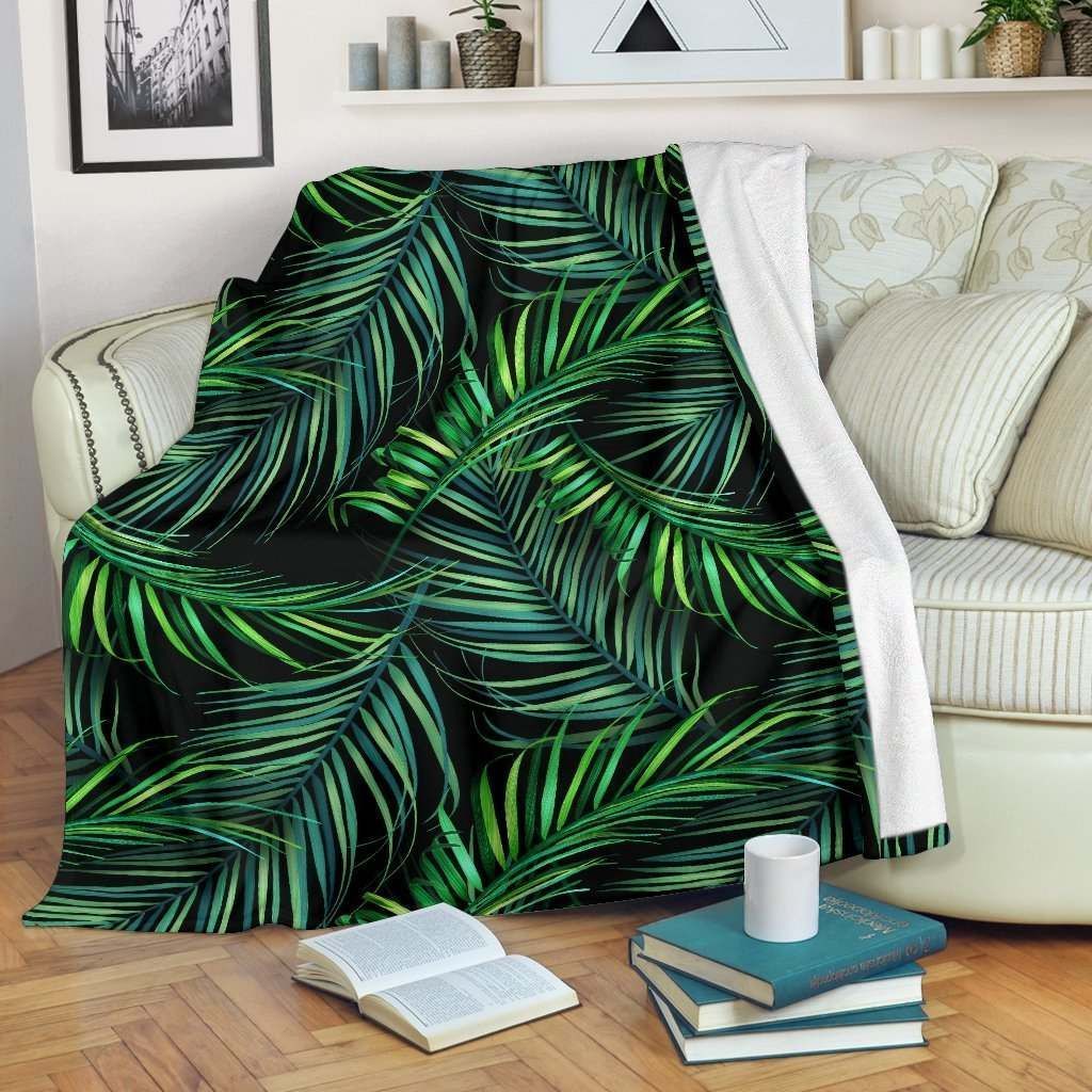 Night Tropical Palm Leaves Sherpa Fleece Blanket