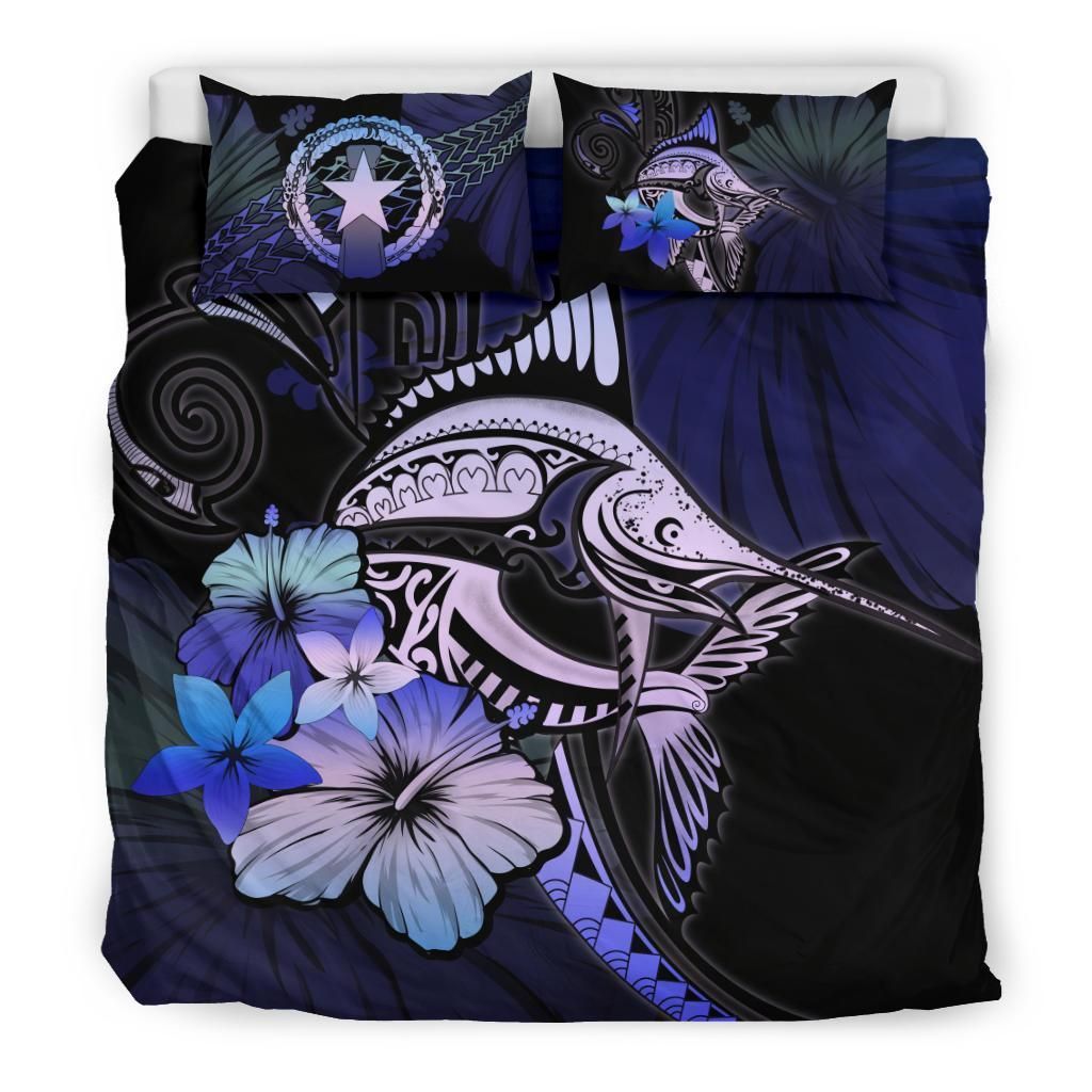 Northern Mariana Purple Blue Marlin And Hibiscus Bedding Set
