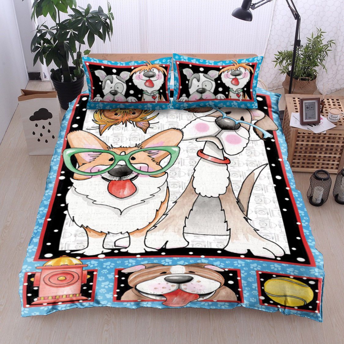 Norwich Terrier Corgi Tennis Ball Fire Hydrant Bedding Set