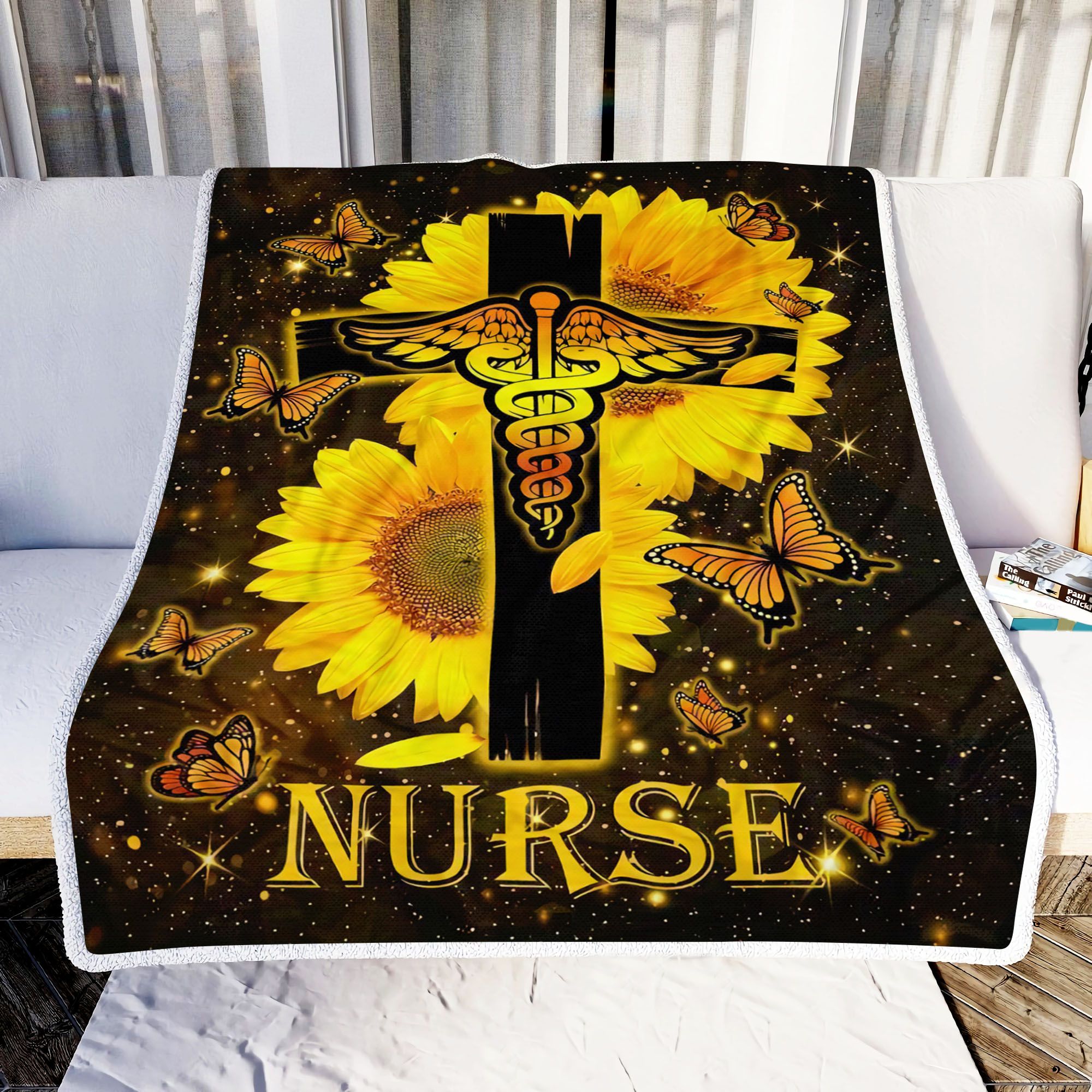 Nurse Cross Sunflower Butterfly Fleece Blanket