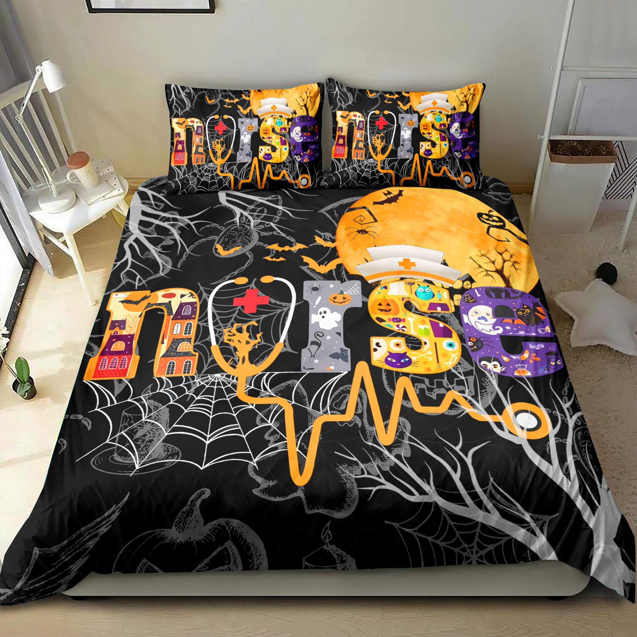 Nurse With Pumpkin Boo Spider Witch Halloween Bedding Set