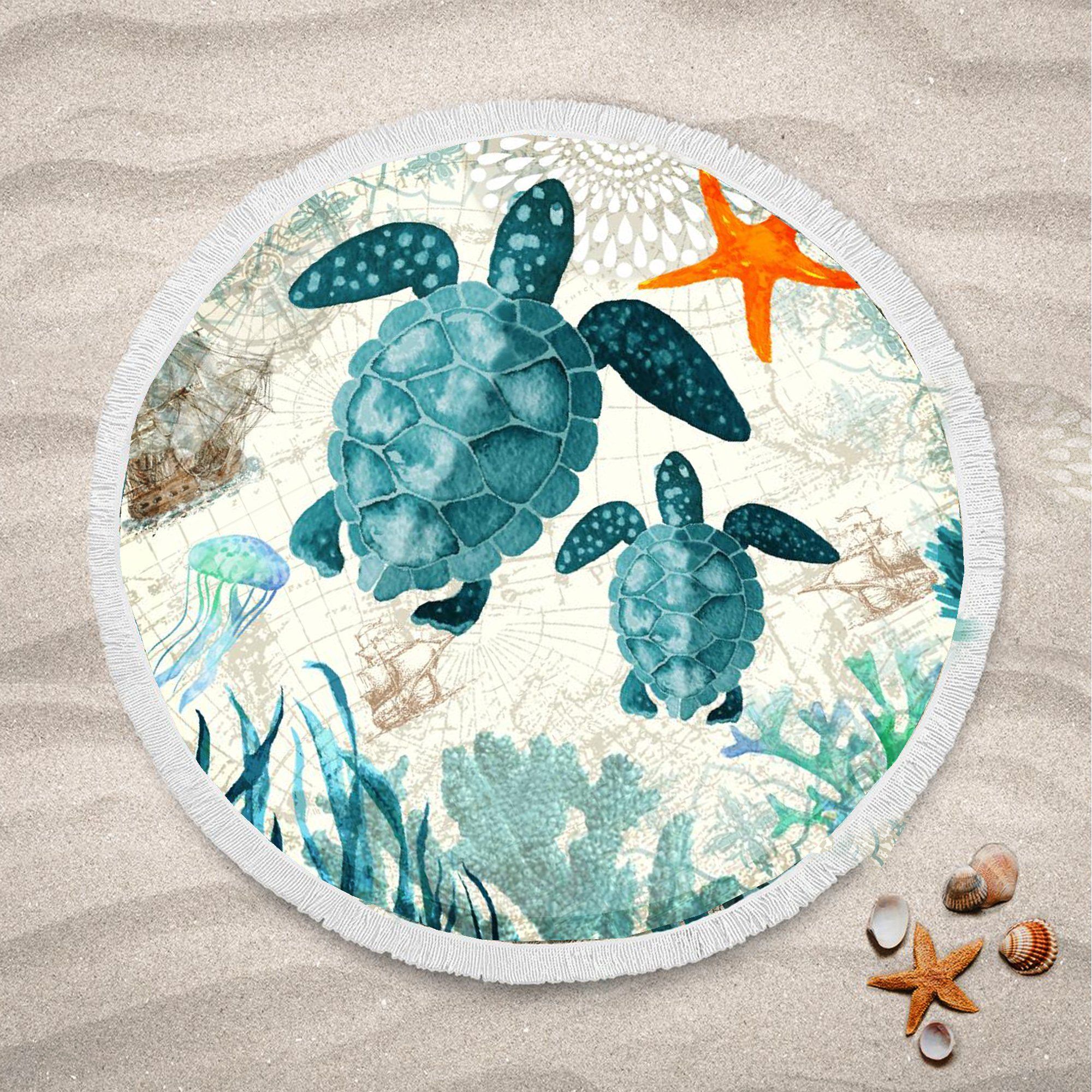 Ocean Bay Turtles And Coral Starfish Printed Round Beach Towel