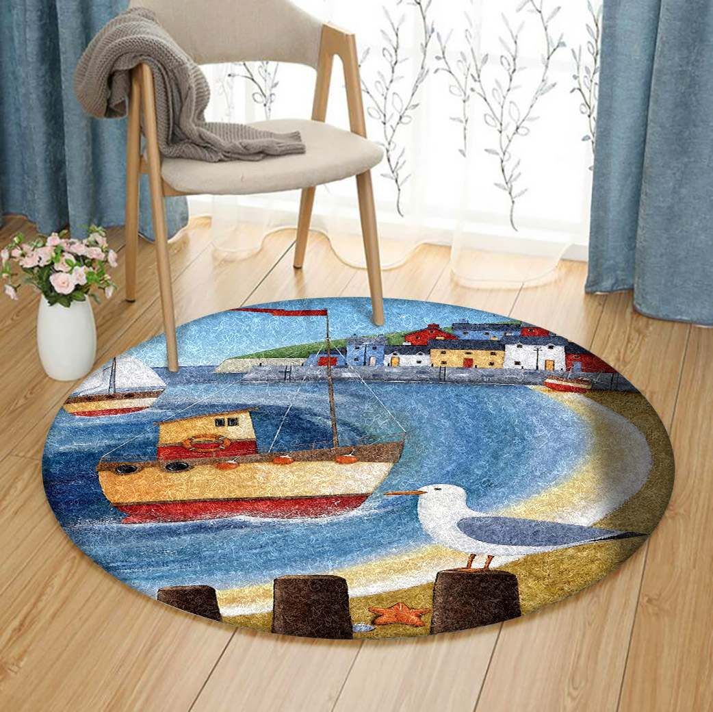 Ocean Boat Seagull Round Carpet
