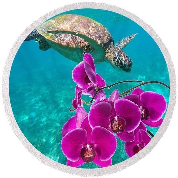 Ocean Orchids And Sea Turtle Printed Round Beach Towel