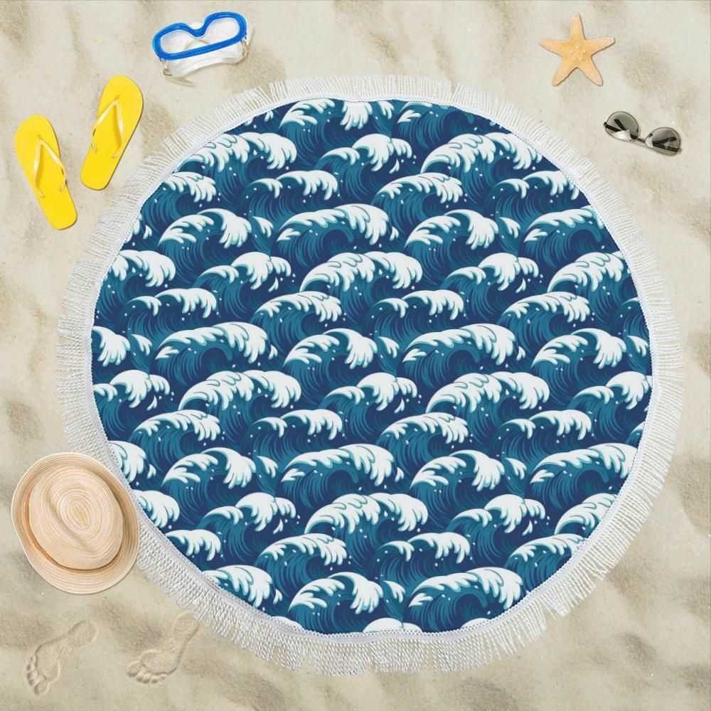 Ocean Wave Pattern Print Round Beach Towel