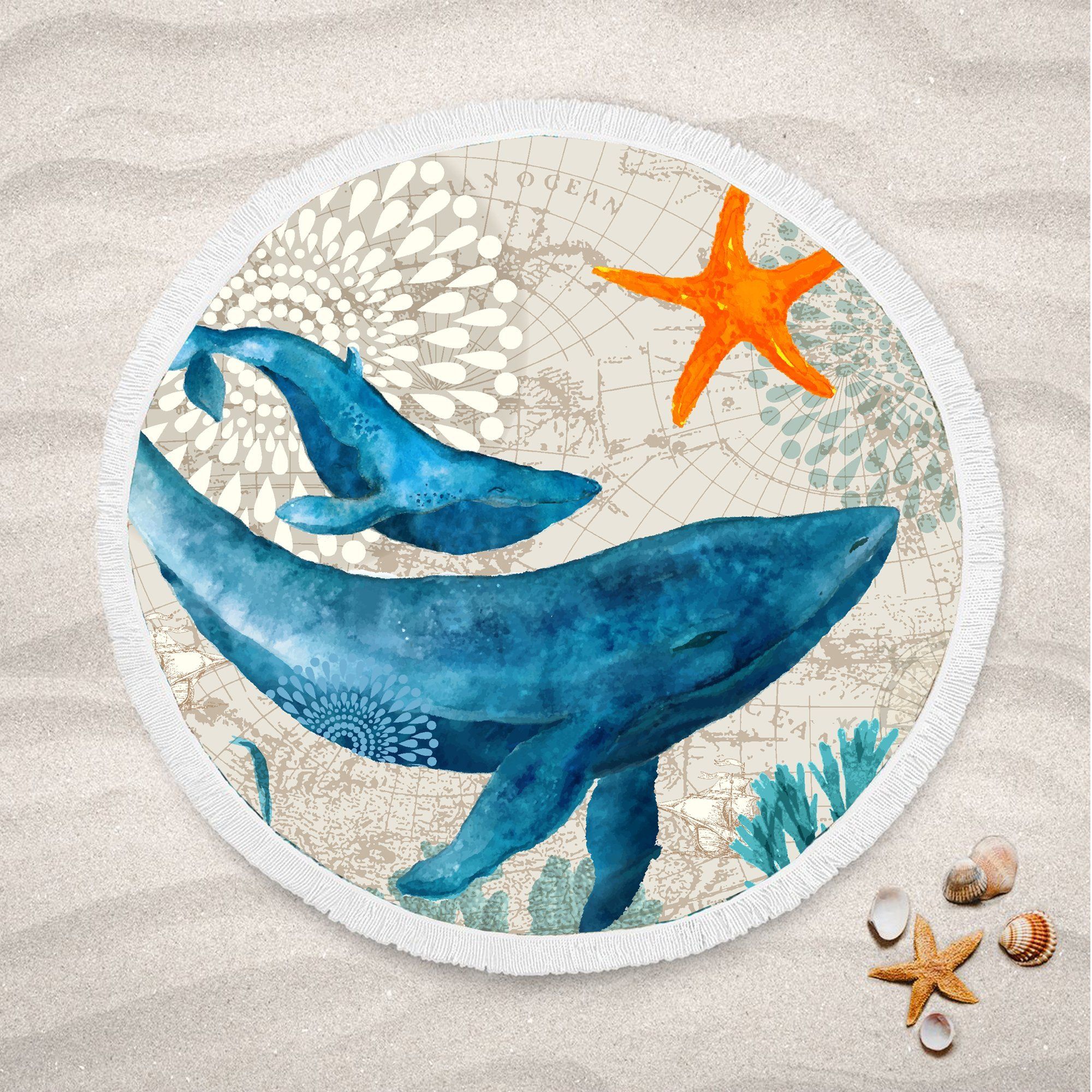 Ocean Whale And Orange Starfish Printed Round Beach Towel