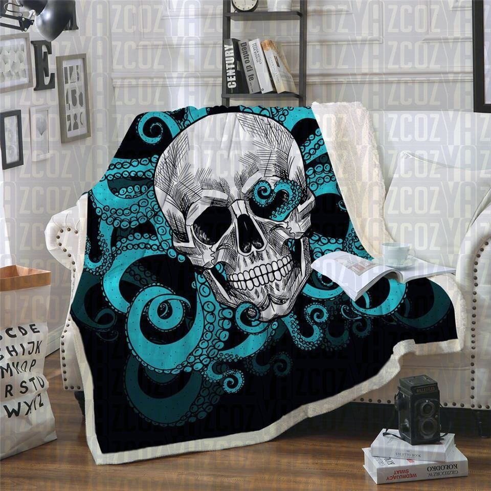 Octo Skull Blue Tentacles Sherpa Fleece Blanket