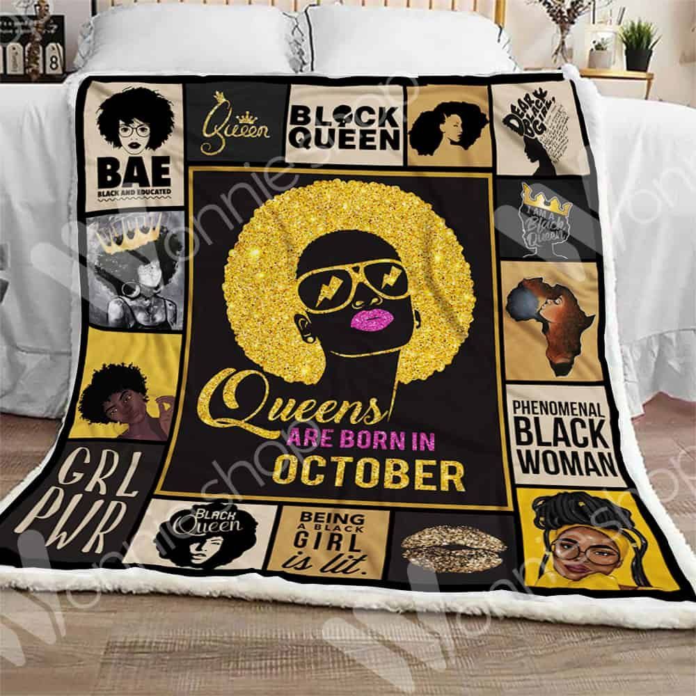 October Black Women Queens Are Born In October Sherpa Fleece Blanket