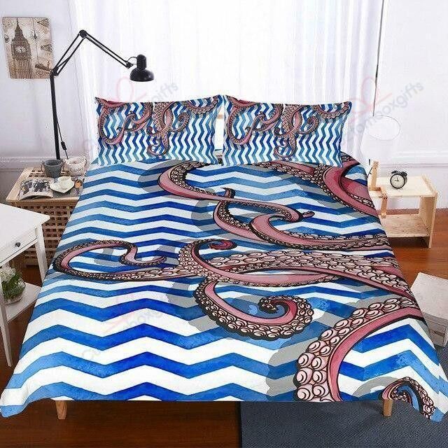 Octopus Blue And White Zigzag Printed Bedding Set