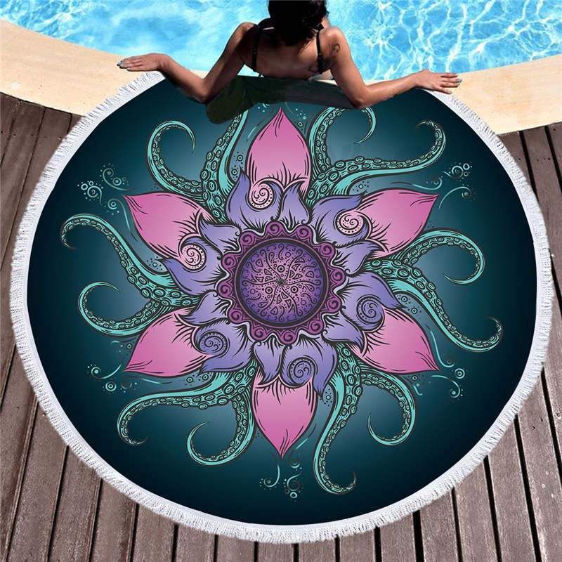 Octopus Hiding Behind Lotus Printed Round Beach Towel