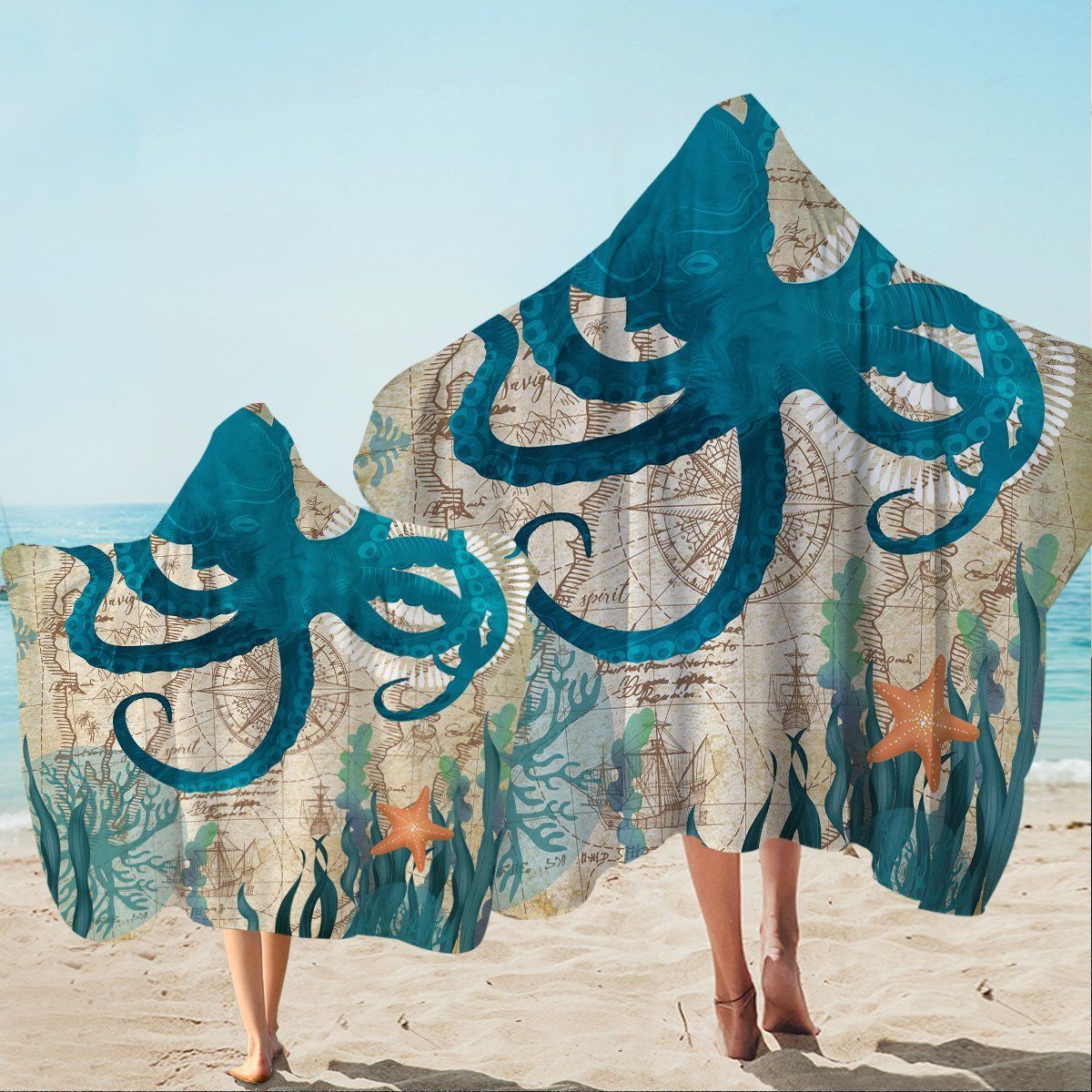 Octopus Love Blue Vintage Printed Hooded Towel