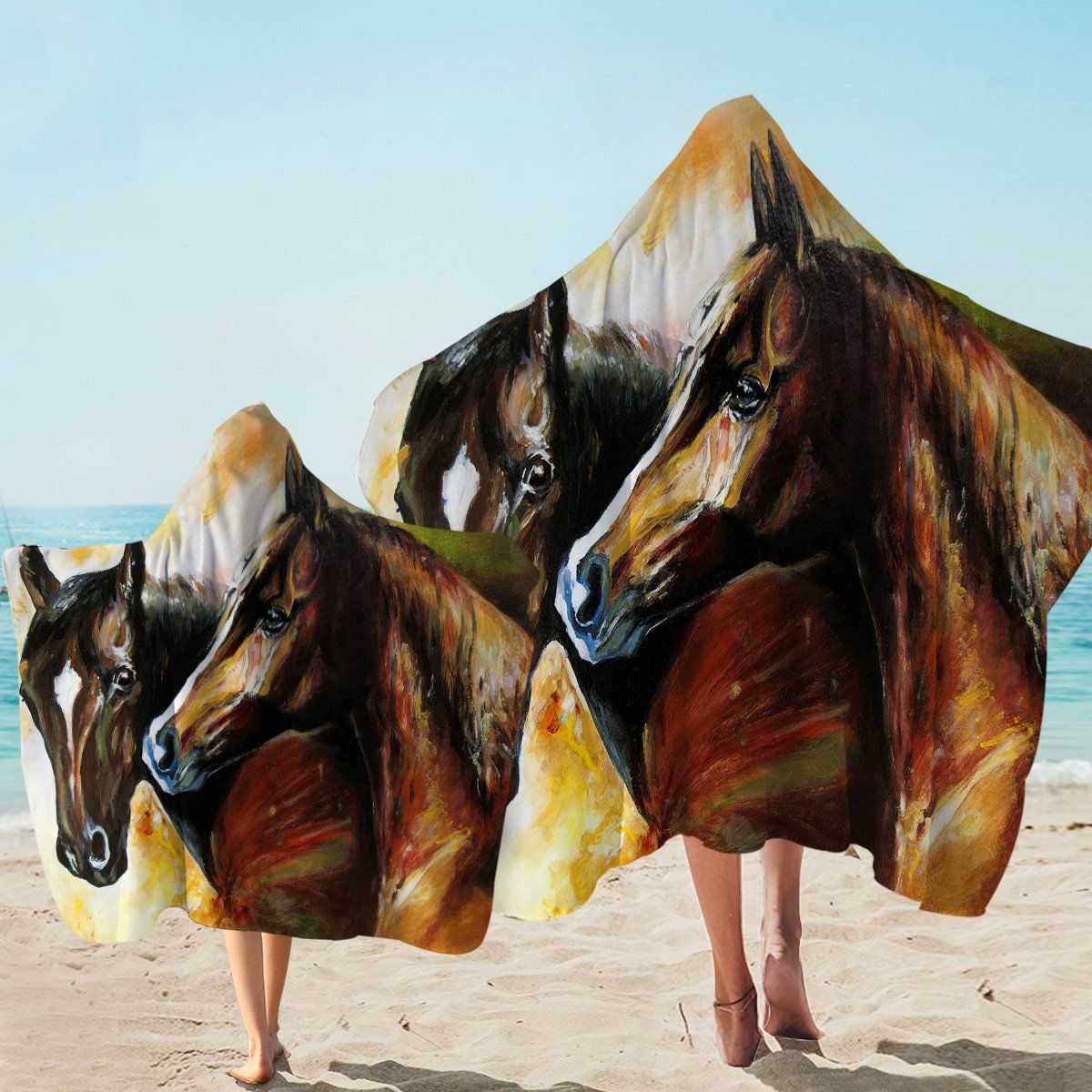 Oil Painted Horse Couple Printed Hooded Towel