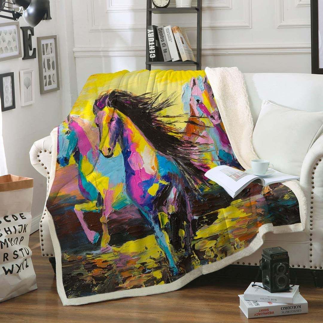 Oil Painting Horses Sherpa Fleece Blanket