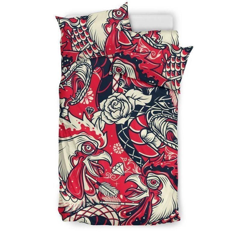Old School Snake Fight Rooster Printed Bedding Set