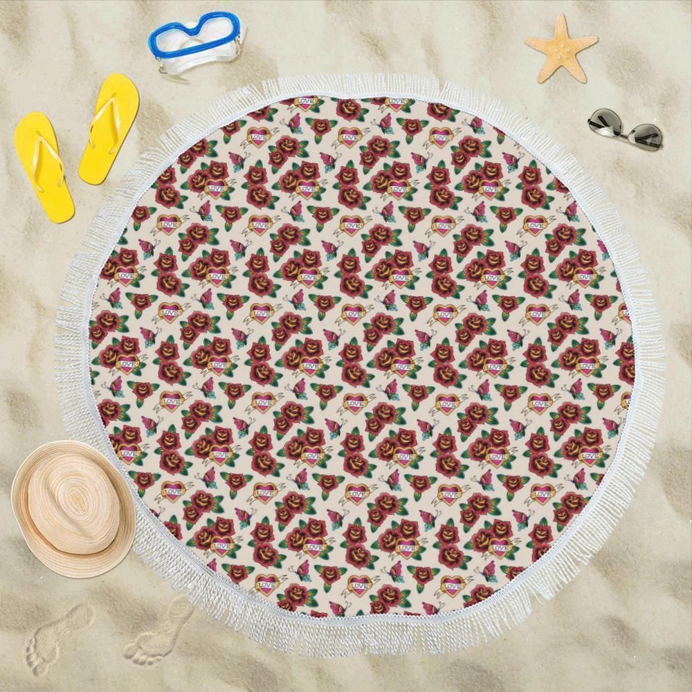 Old School Tattoo Rose Pattern Printed Round Beach Towel