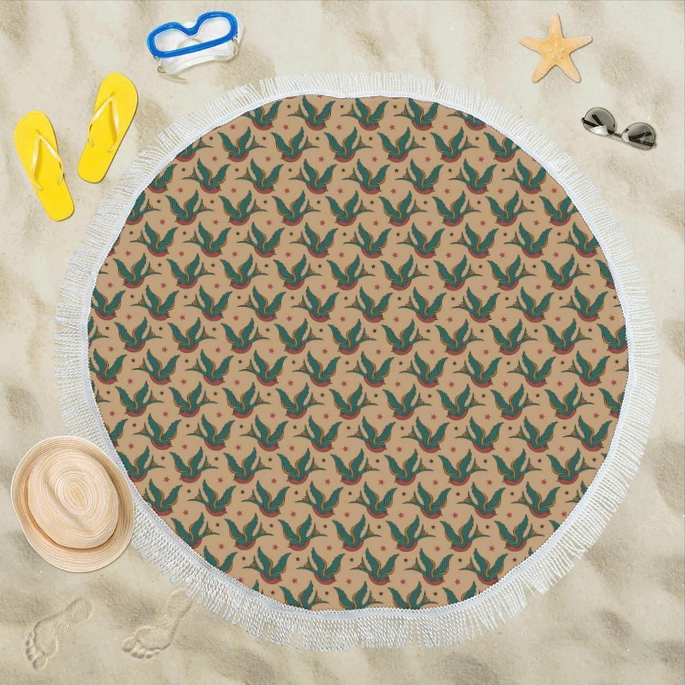 Old School Tattoo Swallow Design Printed Round Beach Towel