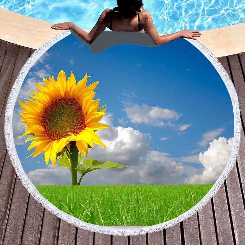 One Sunflower Sunny Day Printed Round Beach Towel