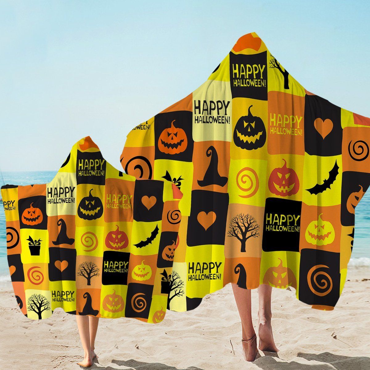 Orange And Black Halloween Board Game Printed Hooded Towel