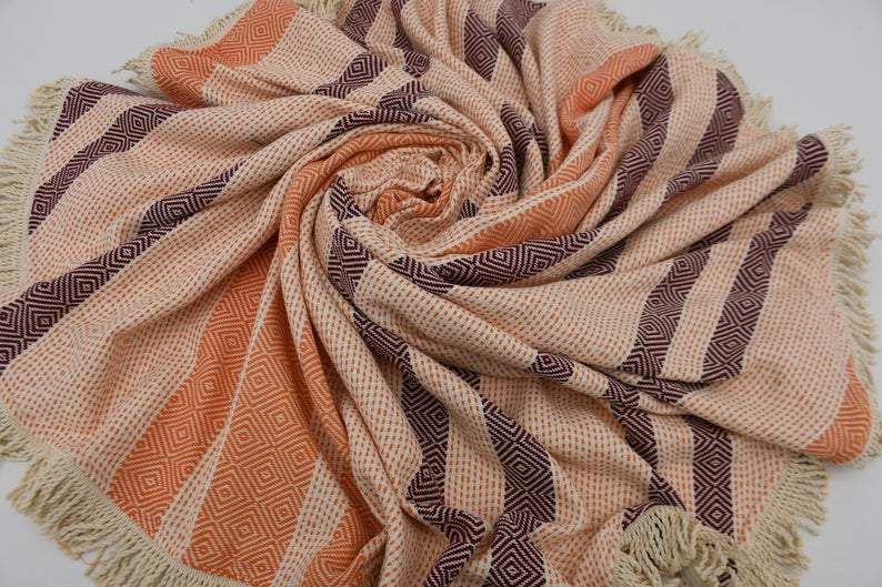 Orange And Burgundy Printed Round Beach Towel