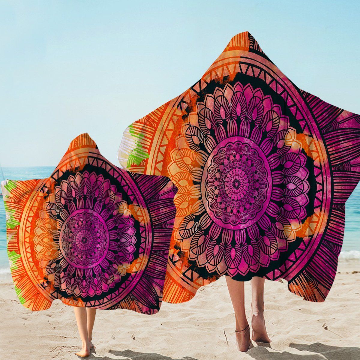 Orange And Purple Sunflower Pattern Printed Hooded Towel